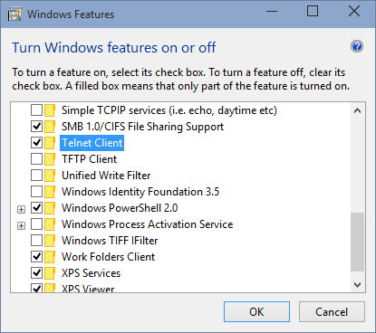 Pro verze operačního systému Windows Vista, Windows 7 a vyšší je nejprve nutné v nastavení Windows povolit Telnet.
