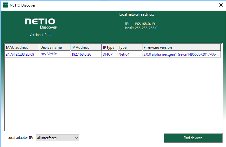 Spusťte NETIO Discover, klikněte na Find devices a vyčkejte