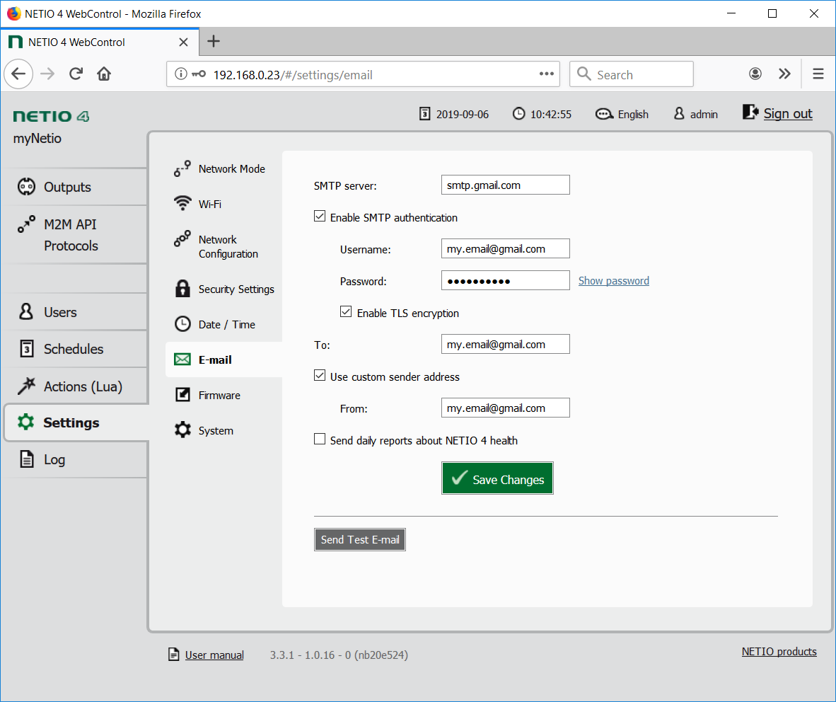 Hoe to set an email through web browser in NETIO power sockets