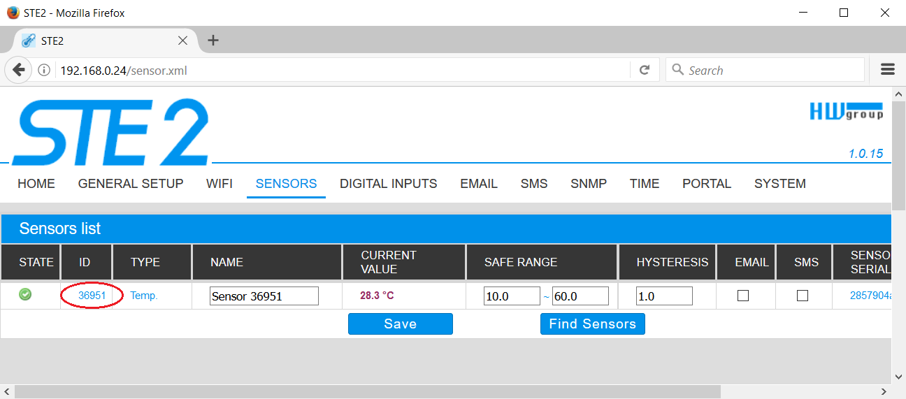  ID senzoru lze zjistit na webové stránce STE2 v sekci SENSORS v druhém sloupci ID