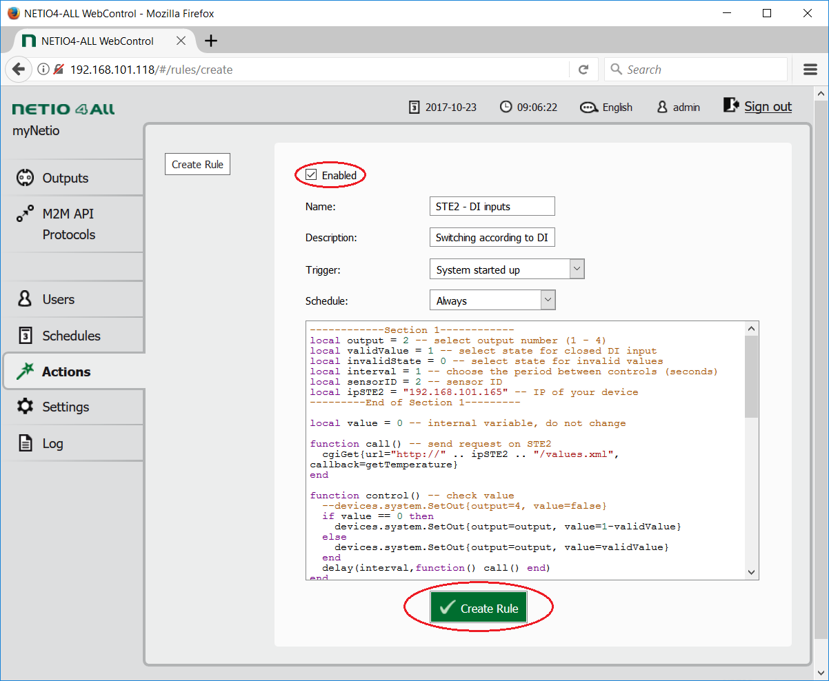 Creating new rule in web administration of smart power outlets NETIO