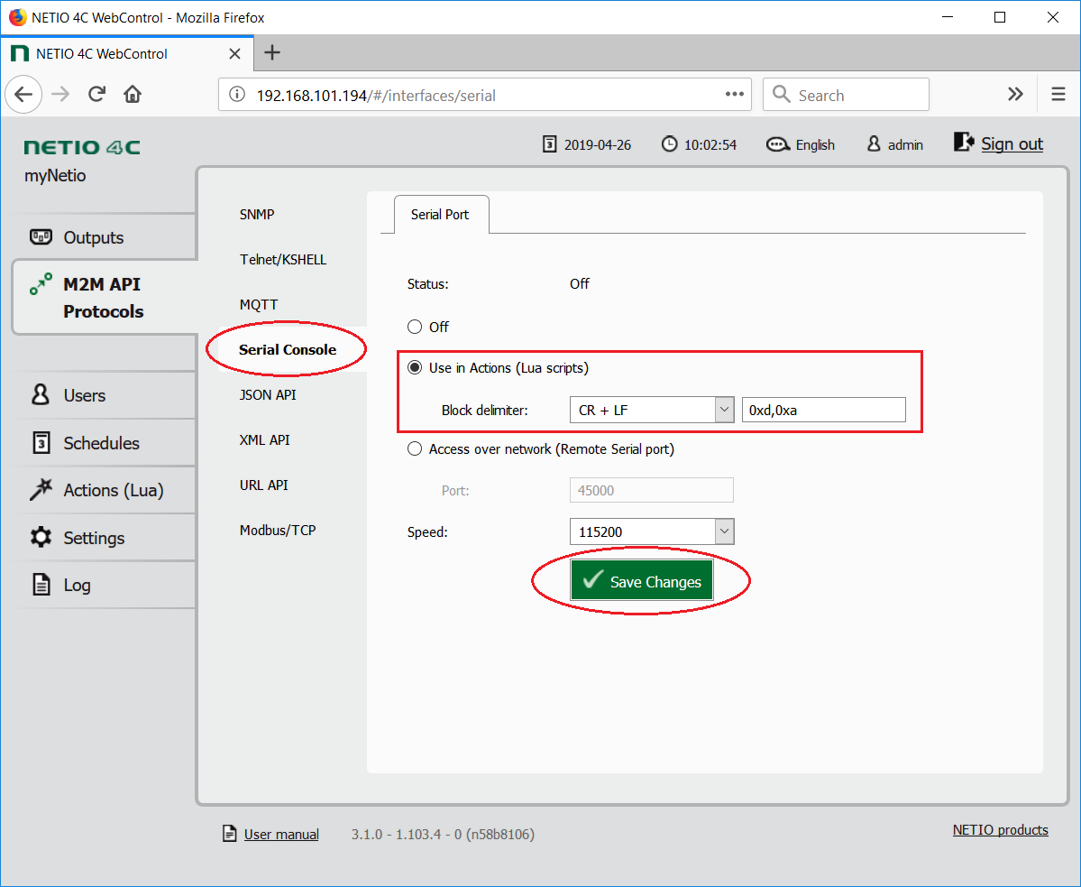 How to allow serial port communication in NETIO PowerPDU 4C