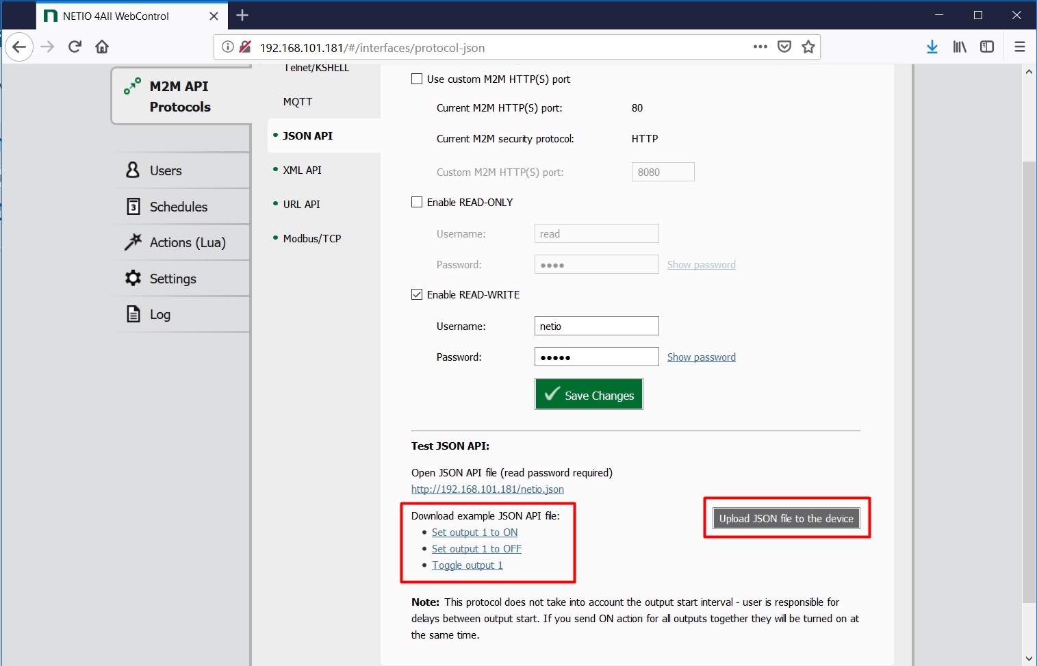 NETIO device web, JSON protocol m2m interface. Download json file examples to control smart power outlets