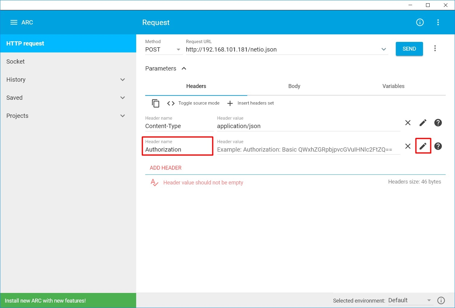 Edit authorization headers in advanced REST client for comunication with NETIO smart power socket