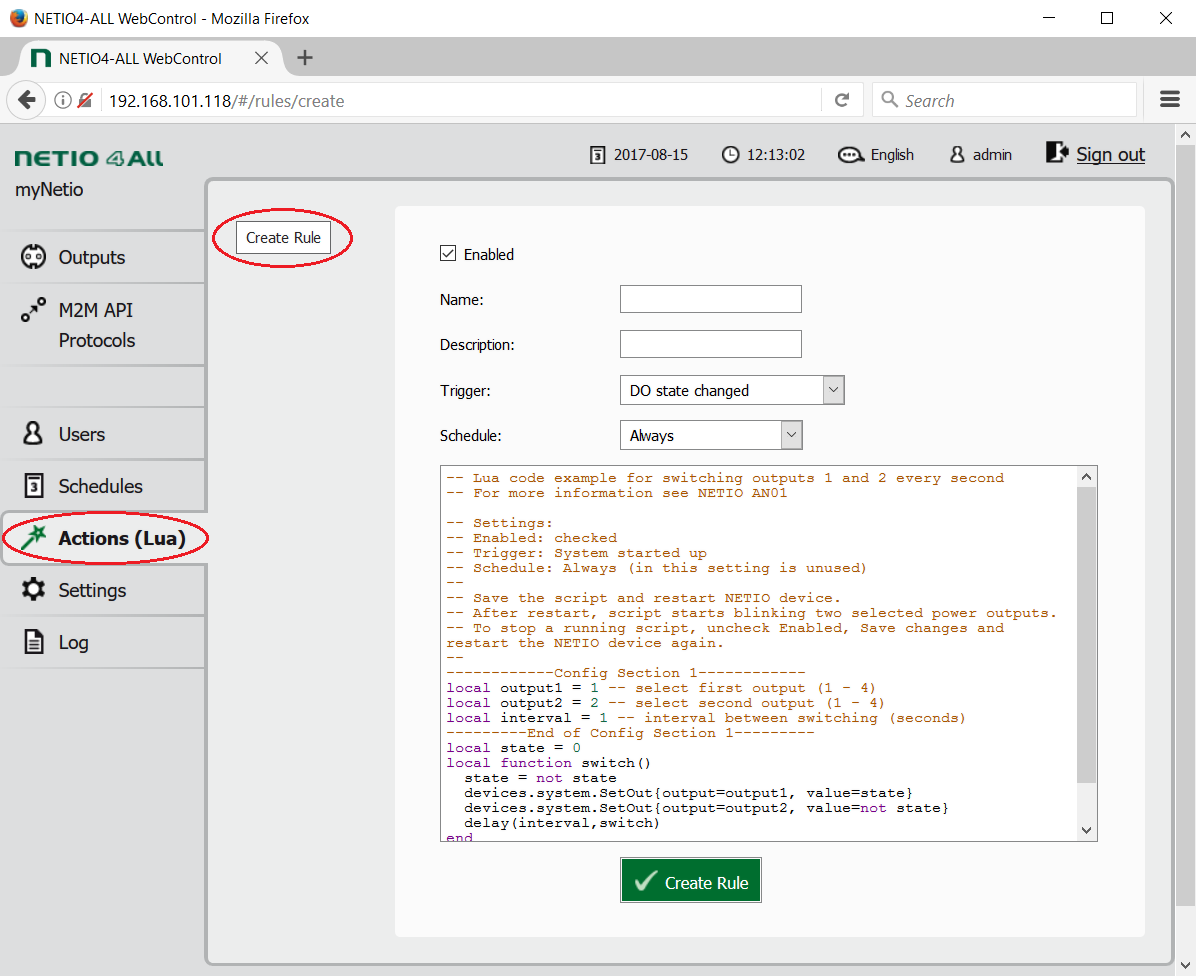 Creating new rule in NETIO power outlet web asministration