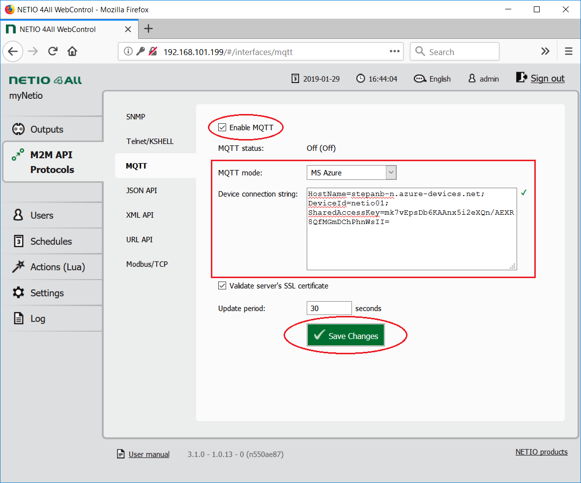 How to enable MQTT and copy device connection string into MQTT power outlet