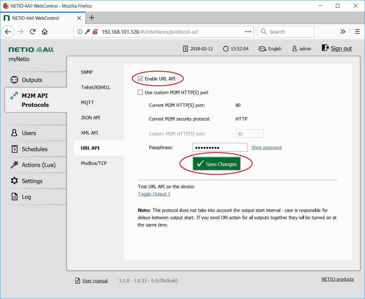 Enabeling URL API in web interface of smart power outlets NETIO