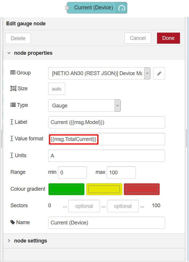 Gauge node in Node-RED