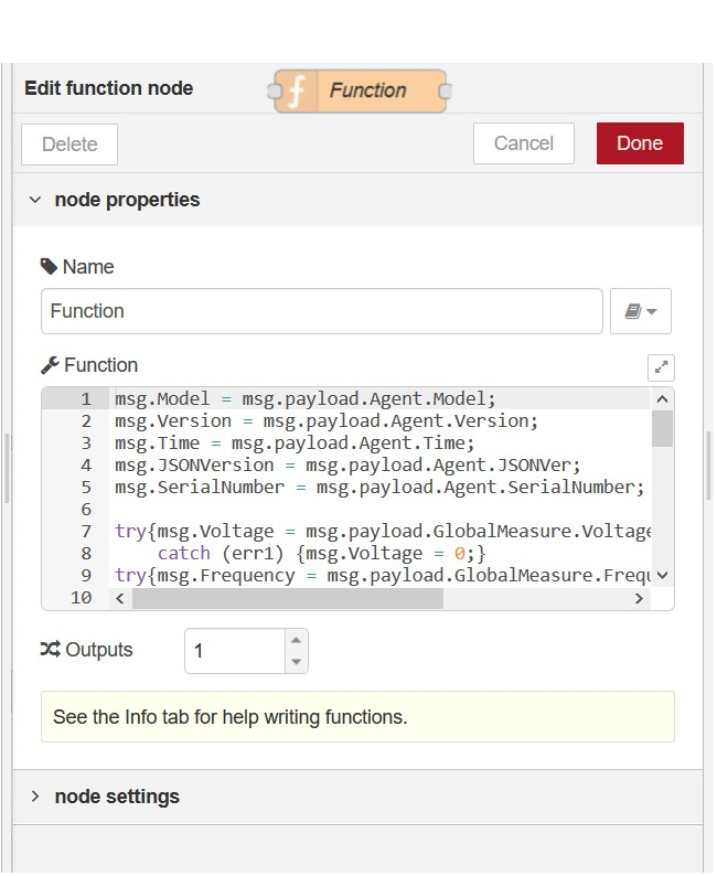 Function node for creating custom JavaScript in Node-RED