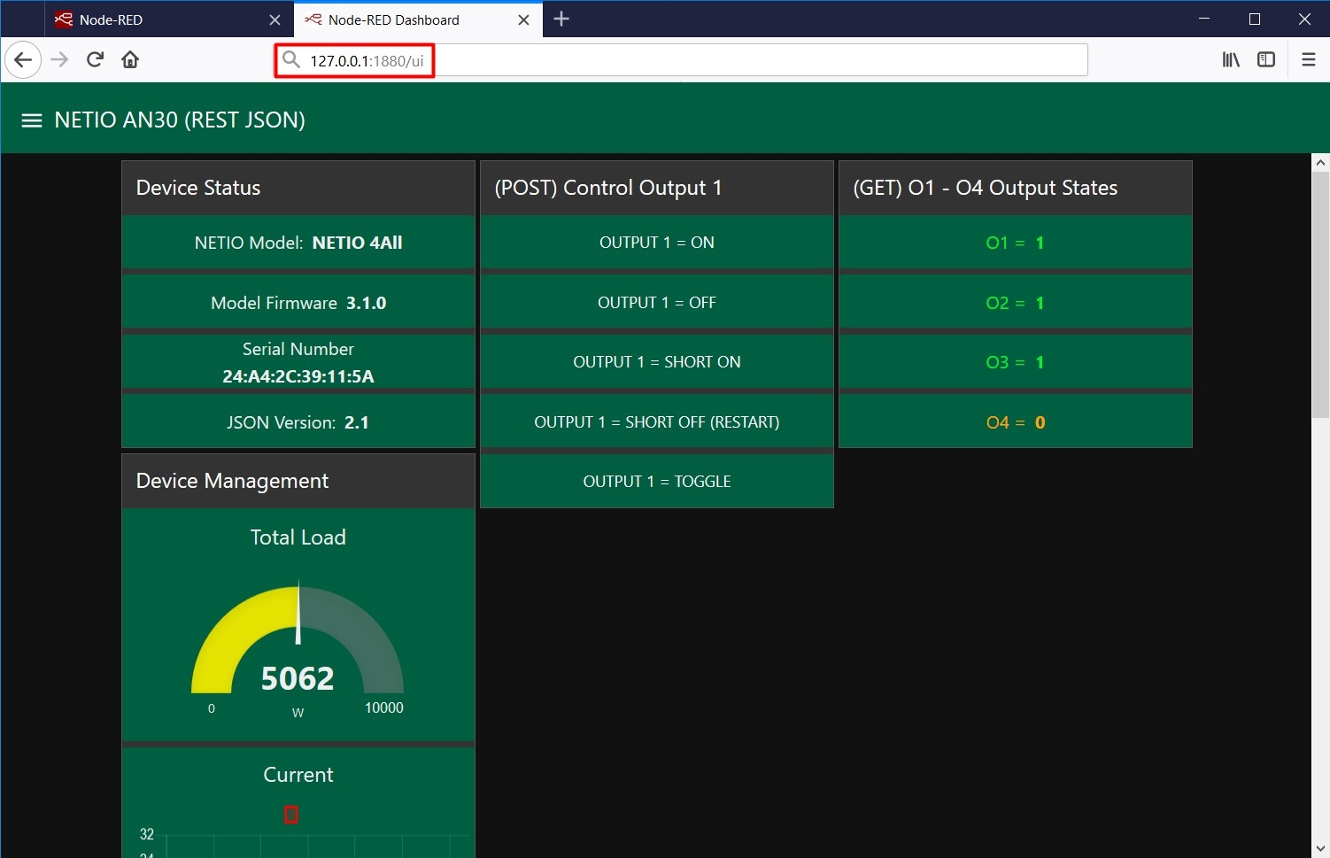Dashboard example for controlling NETIO smart power sockets