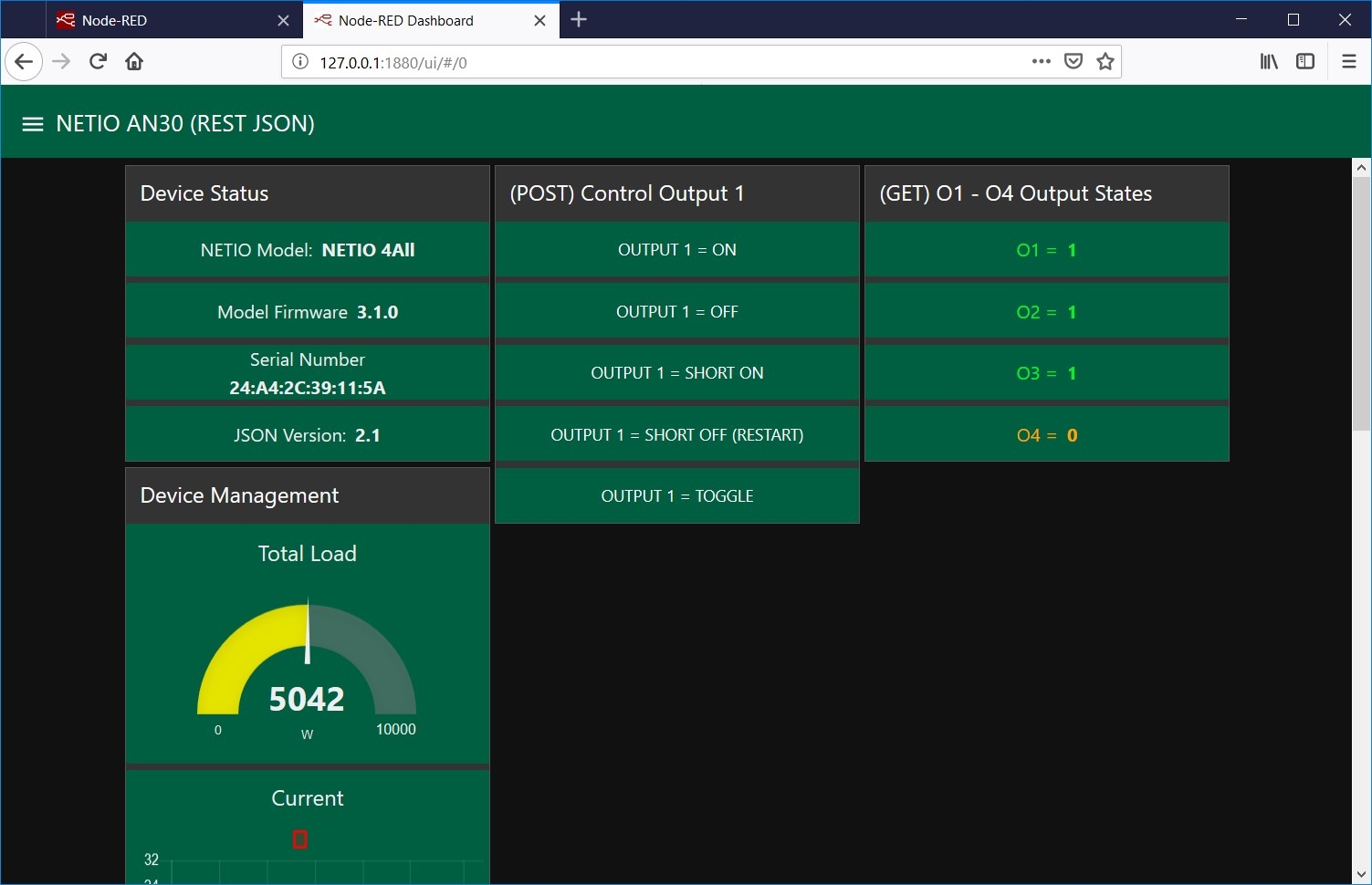 Node-RED dashboard for controlling NETIO power sockets