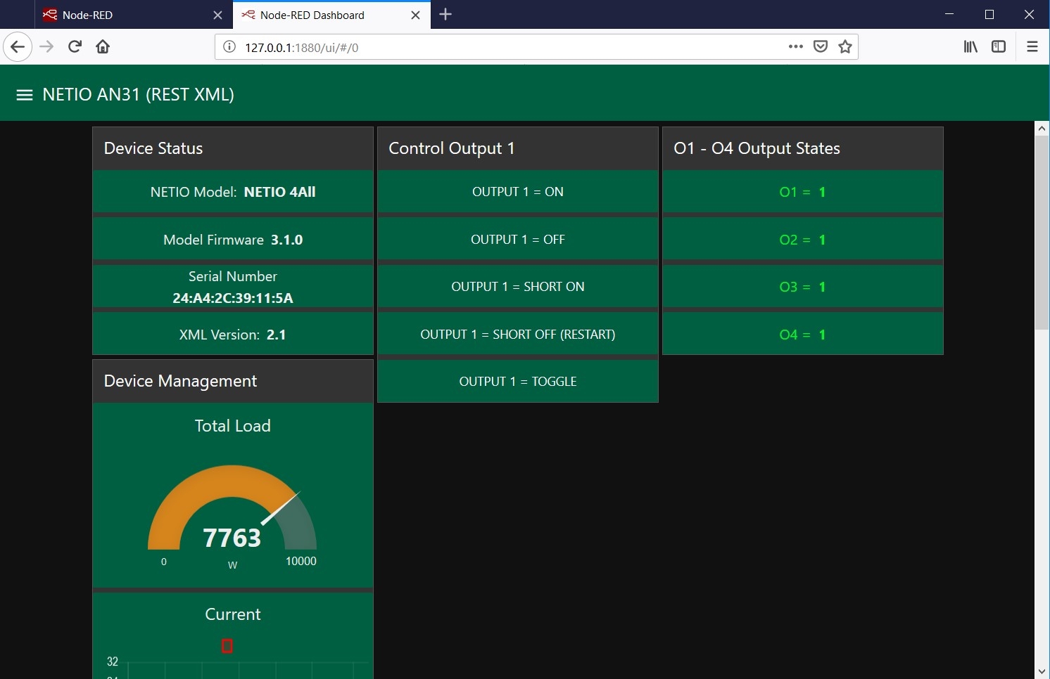 NETIO AN31 Node-RED dashboard