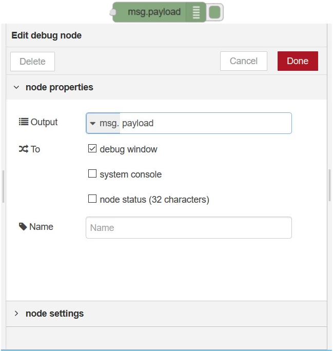 Debug node configuration in node-RED