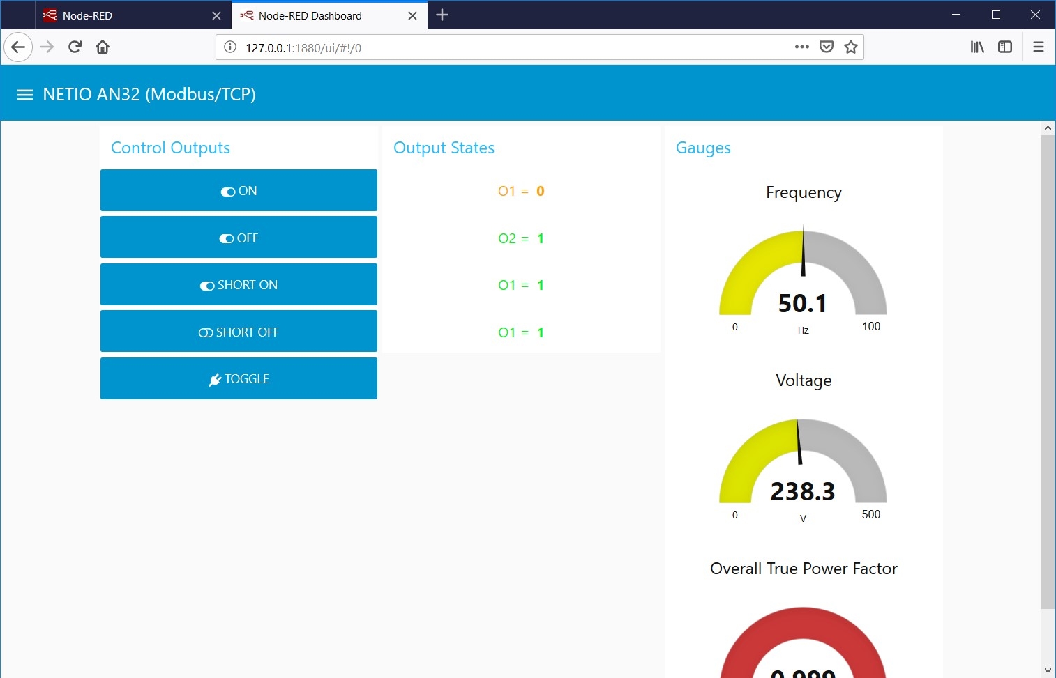 Dashboard for reading output states and controlling output 1 for Application 