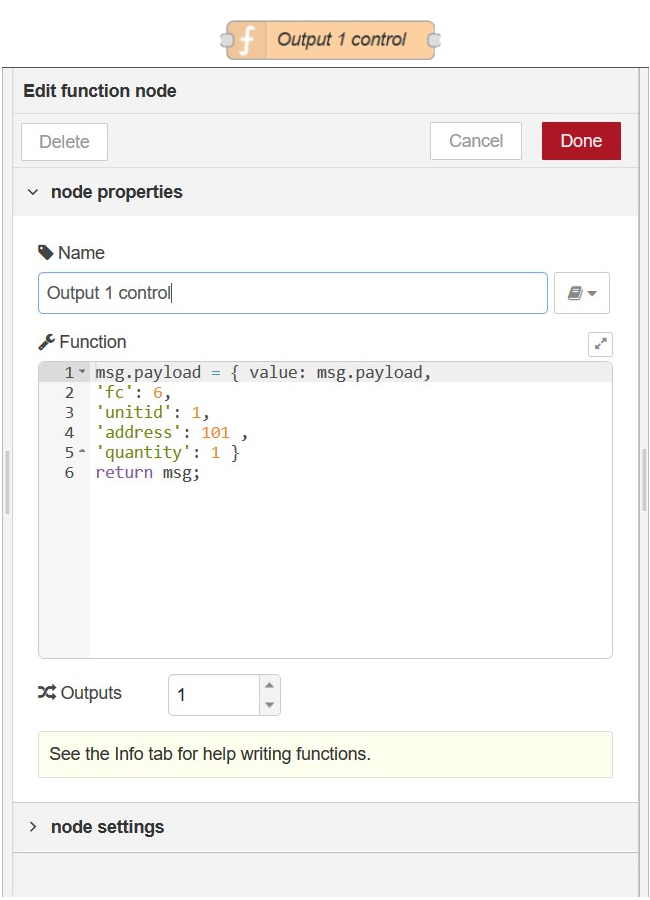 Function Output 1 control node in node-RED