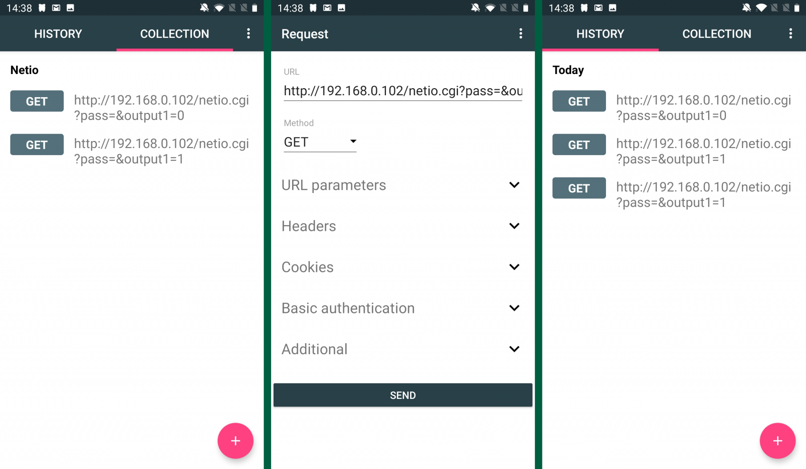 Screenshots of Advanced Rest API Client, android app for controlling NETIO networked smart power sockets