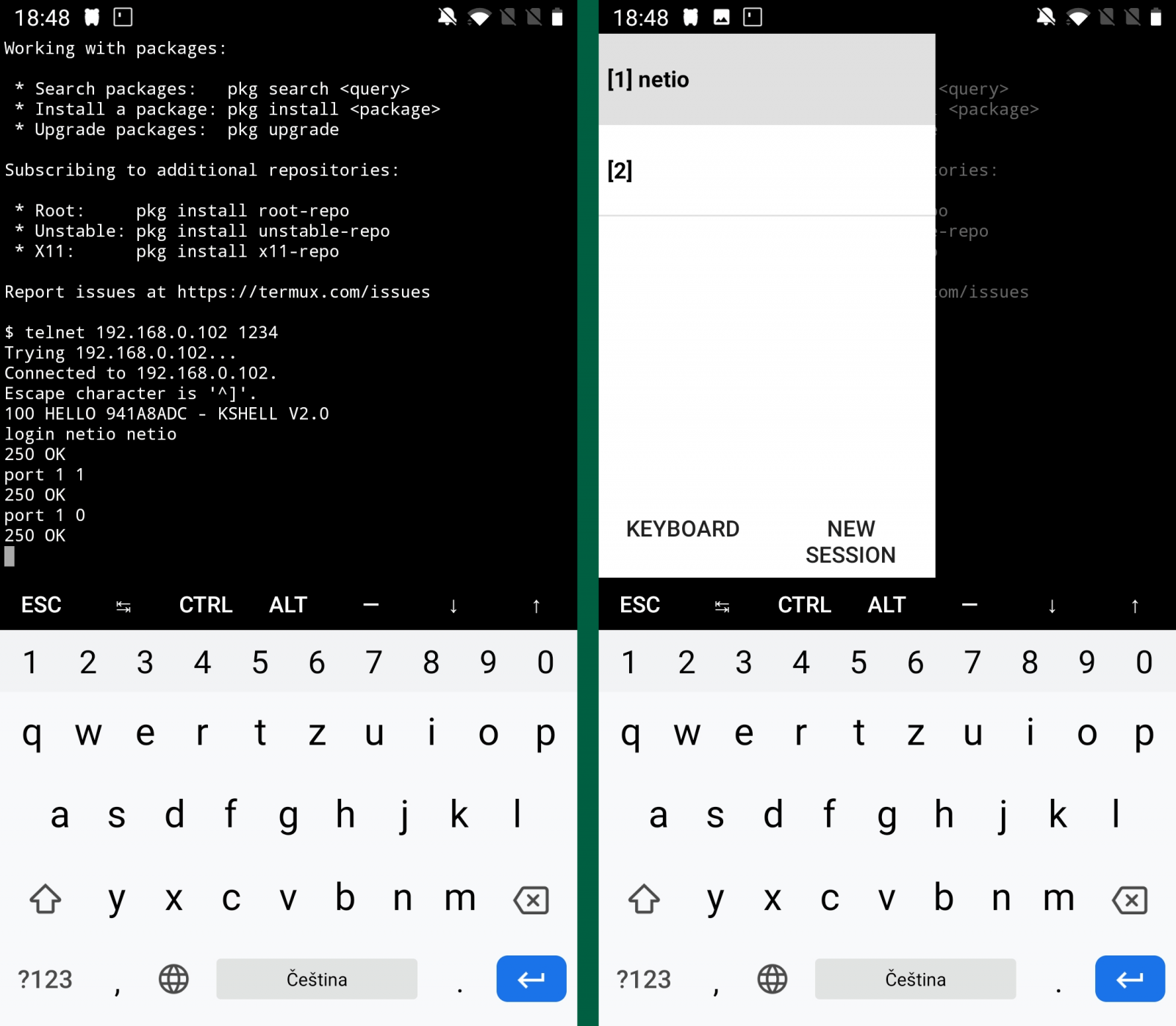 Screenshots of Termux, android app for controlling NETIO networked smart power sockets