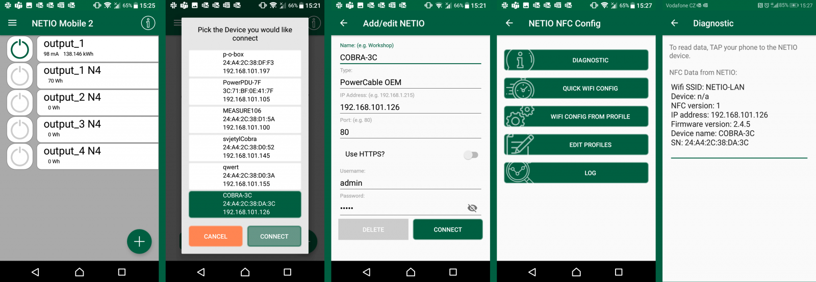 Screenshots of NETIO Mobile App 2, android app for controlling NETIO networked smart power sockets