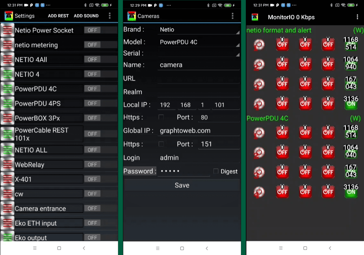 Screenshots of Smart Home Security Solution with automation, android app for controlling NETIO networked smart power sockets