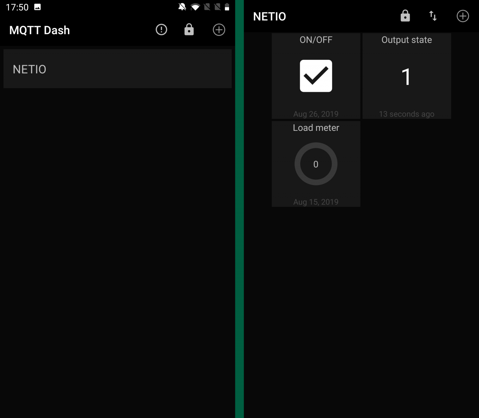 Screenshots of MQTT Dash, android app for controlling NETIO networked smart power sockets