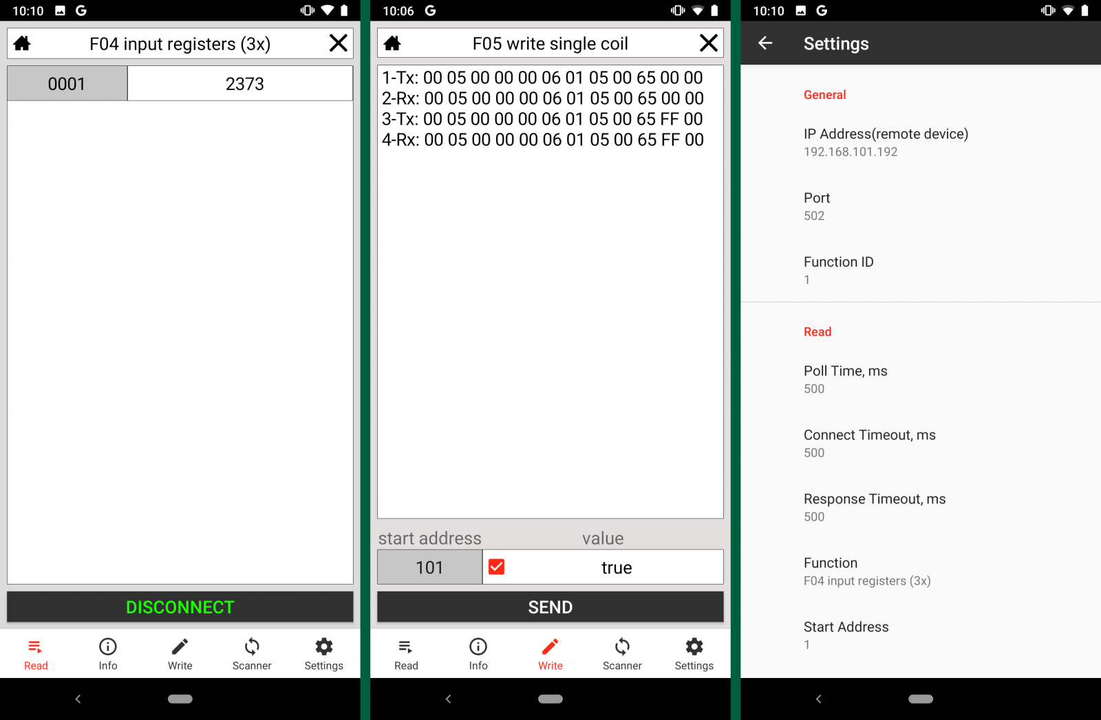 Screenshots of Modbus Viewer, android app for controlling NETIO networked smart power sockets