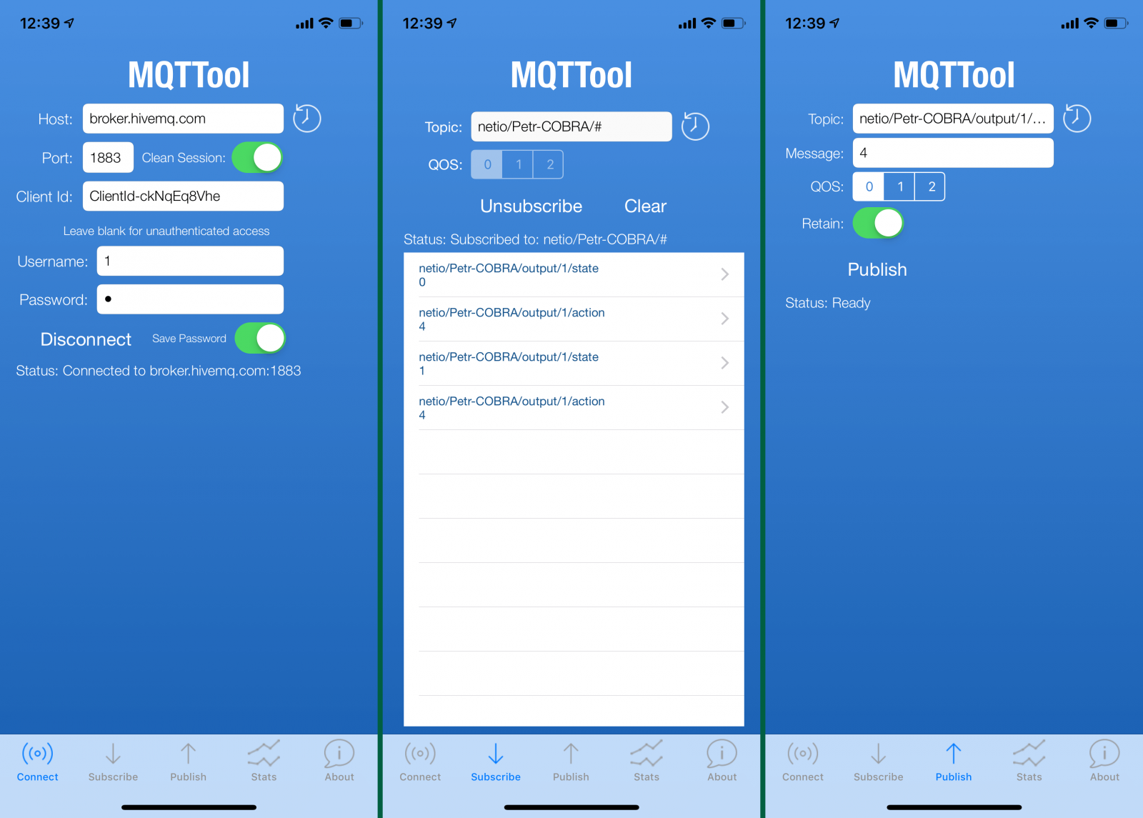 Screenshots of MQTTool, ios app for controlling NETIO networked smart power sockets with OPEN API