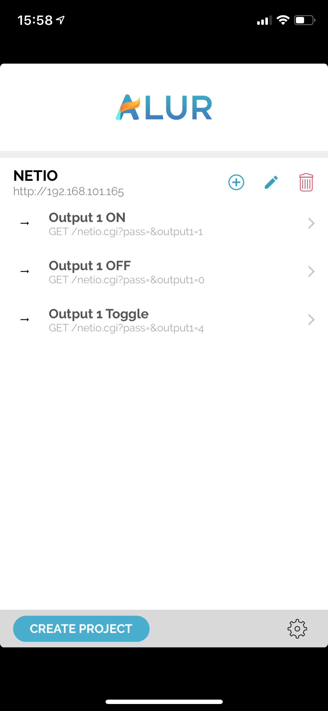 Screenshot of Alur, ios app for controlling NETIO networked smart power sockets with URL API