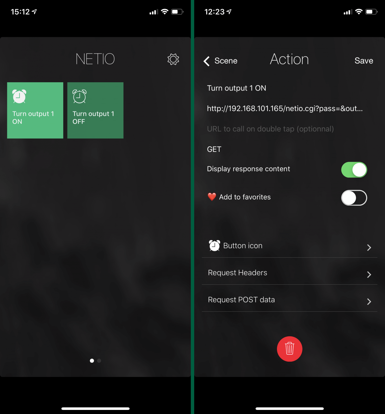 Screenshots of Curler, ios app for controlling NETIO networked smart power sockets