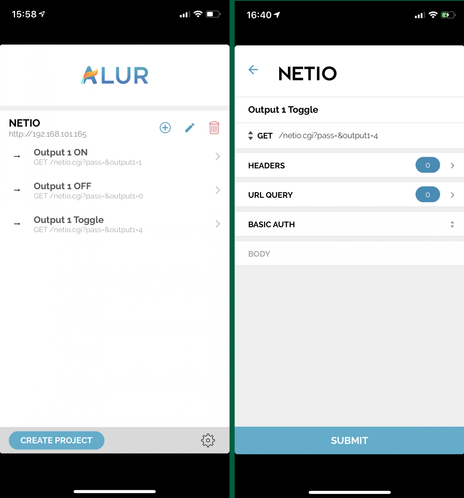 Screenshots of Alur, ios app for controlling NETIO networked smart power sockets