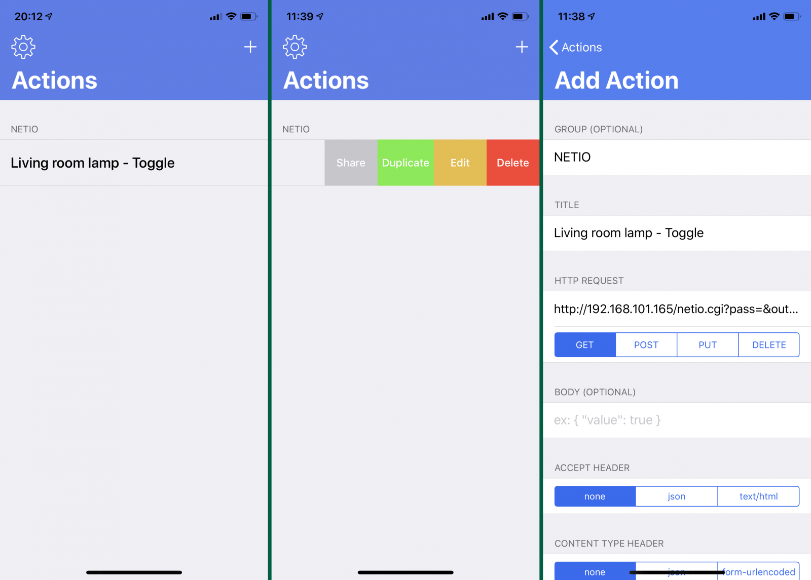 Screenshots of Actions – HTTP Request Sender, ios app for controlling NETIO networked smart power sockets