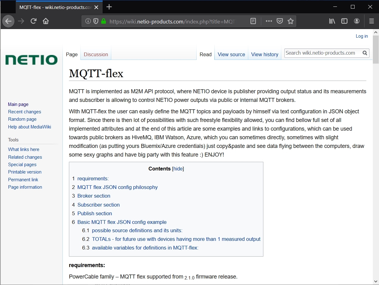 MQTT-flex webpage overview on netio wiki