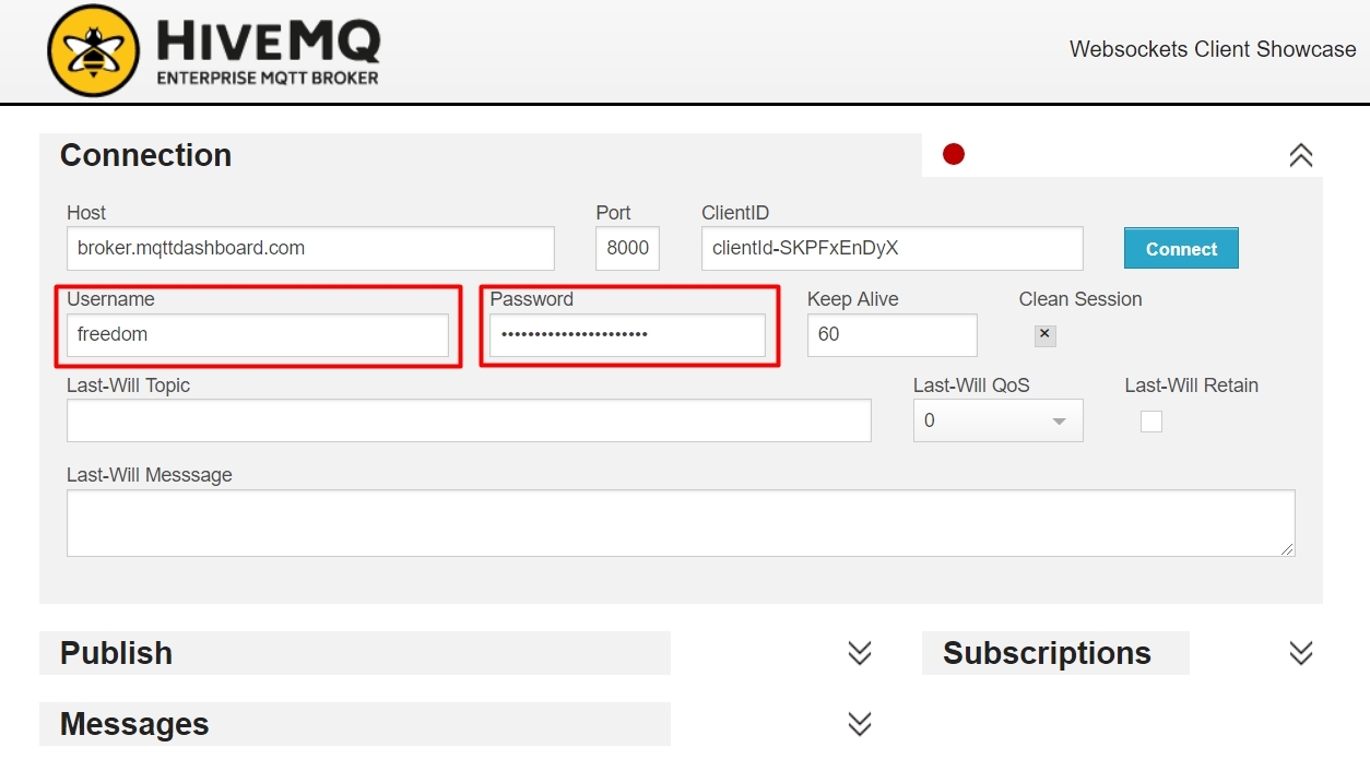 HiveMQ webcosket client setup with highlighted username and password parts