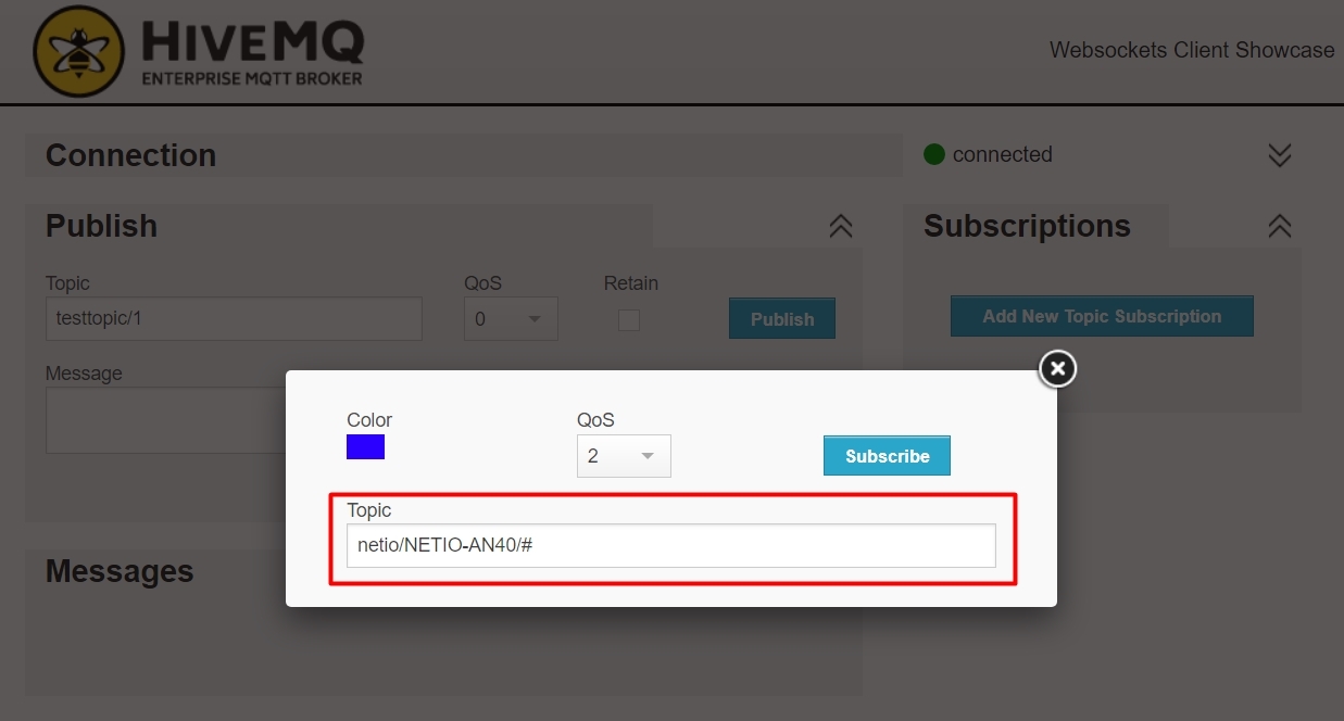 Adding new subscription topic into HiveMQ client from NETIO PowerCable MQTT MQTT-flex protocol