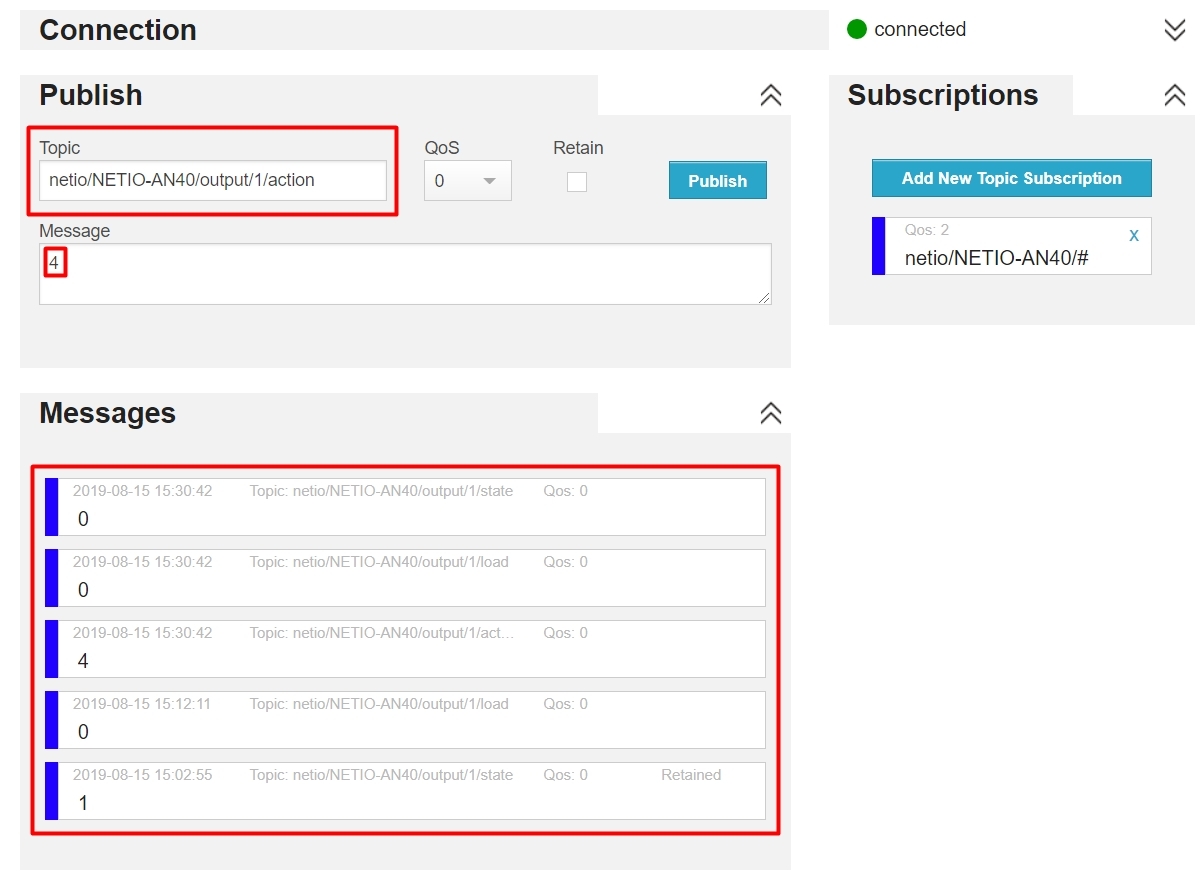 Messages in HiveMQ client confirming NETIO PowerCable MQTT output state after sending Toggle message