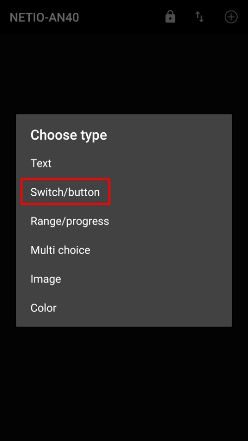 Adding switch/button control element into MQTT Dash application to control NETIO PowerCable MQTT through NETIO MQTT-flex protocol