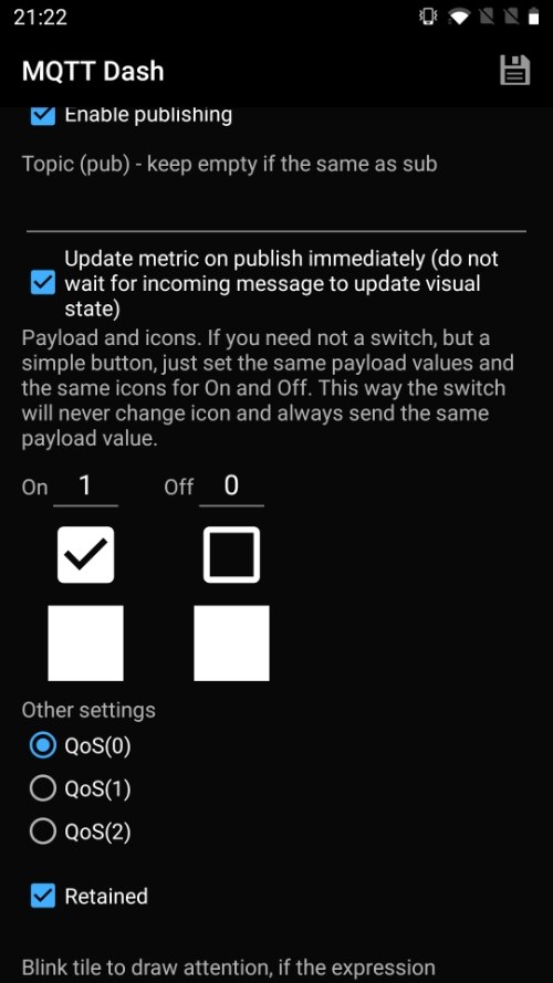 Switch/button settings in MQTT Dash to control NETIO PowerCable MQTT through NETIO MQTT-flex