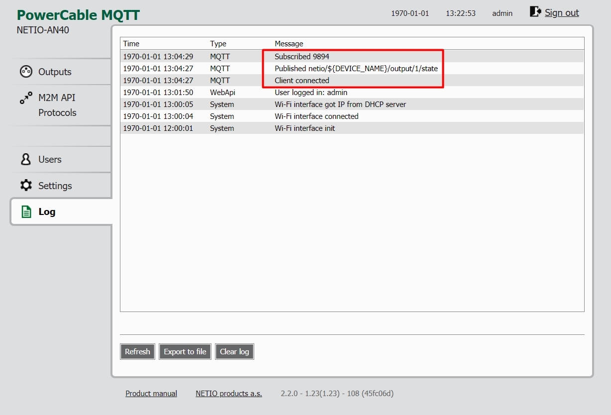 NETIO PowerCable-MQTT web interface with open log tab containing highlighted MQTT-flex protocol messages
