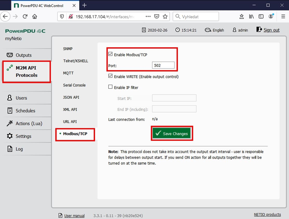 NETIO PowerPDU 4C web configuration – Modbus/TCP