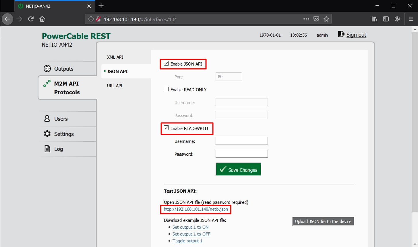 Setting up JSON API NETIO PowerCable REST web interface 