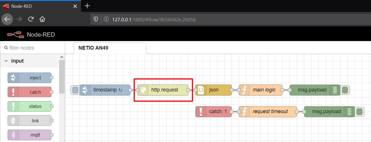 AN49 node-RED flow with highlighted http request node for setting up the NETIO PowerCable REST JSON API address
