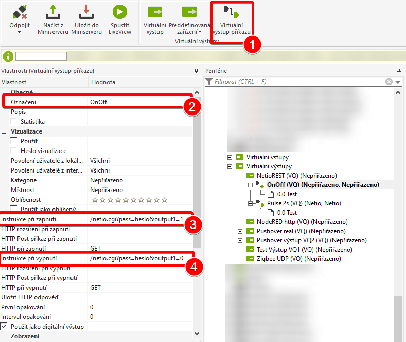 Loxone config adding command to virtual output OnOff