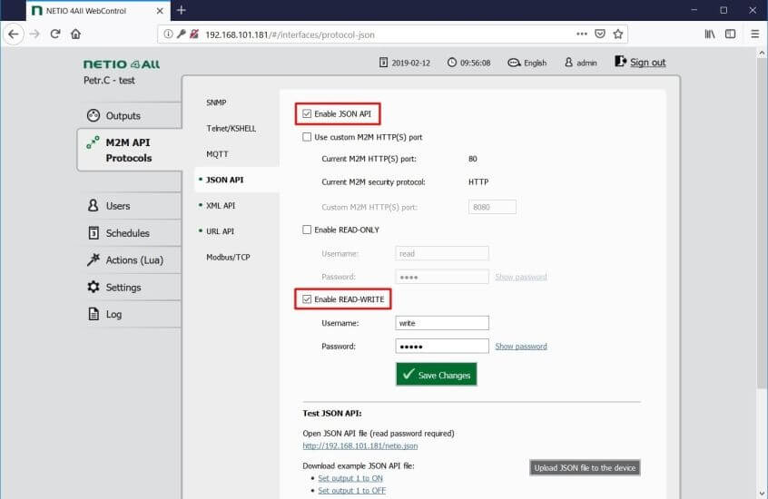 NETIO JSON M2M API enable and setup