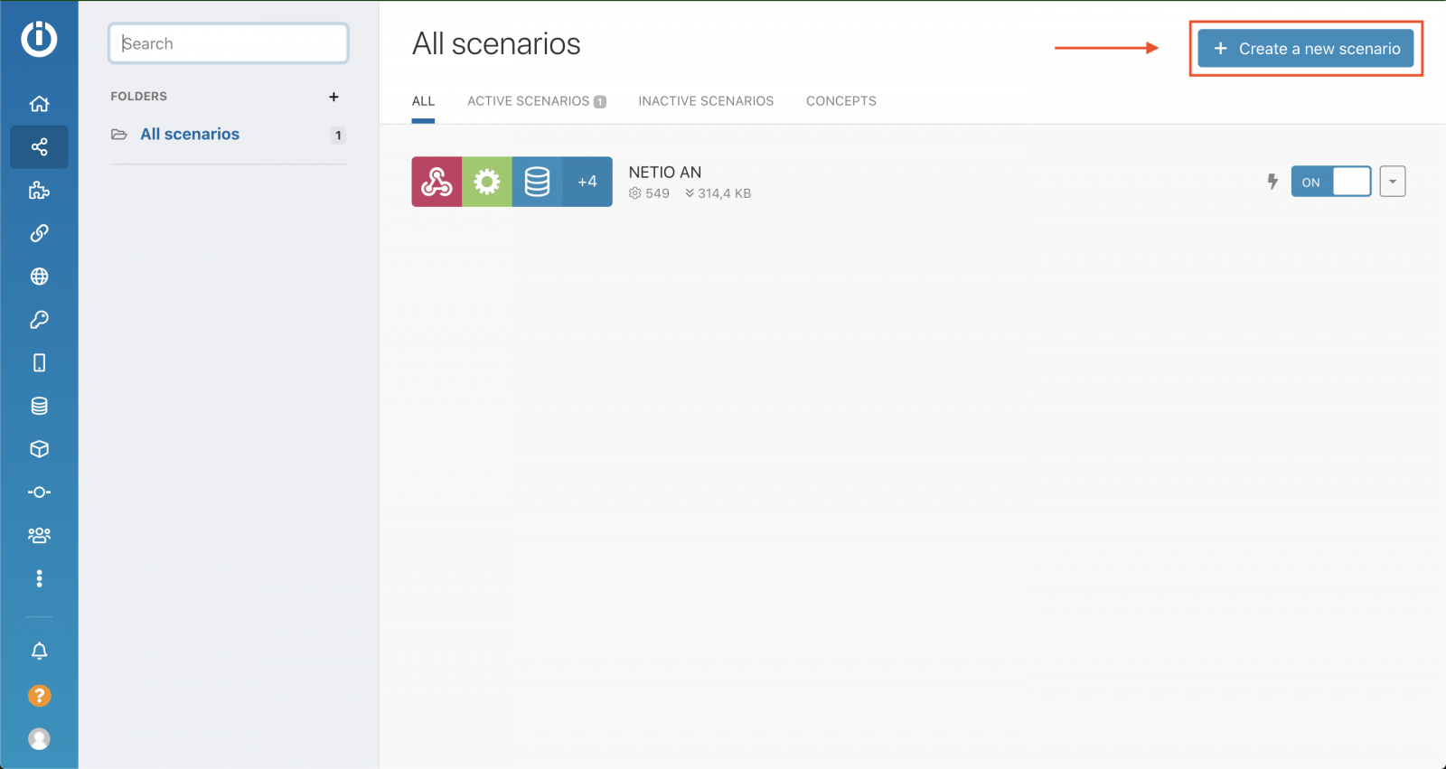 Scenarios tab overview with highlighed button for creating new scenarios