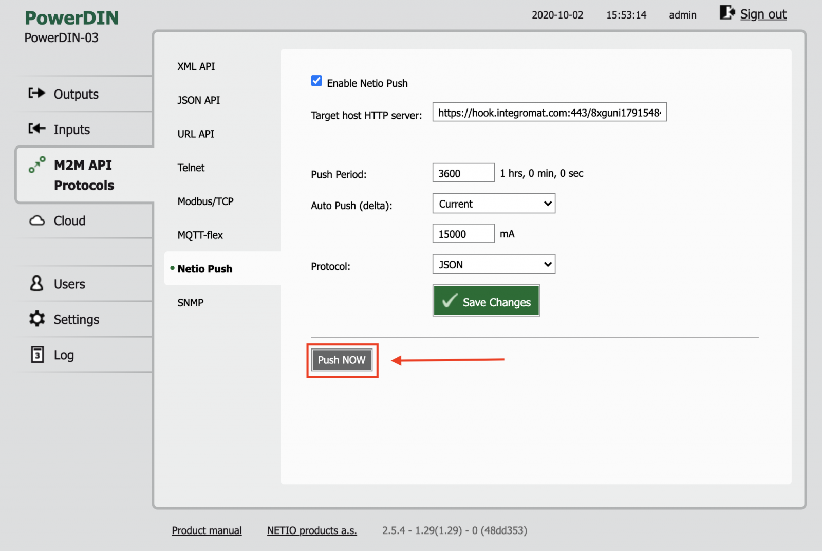 Netio Push protocol in NETIO web interface with highlighted Push NOW button