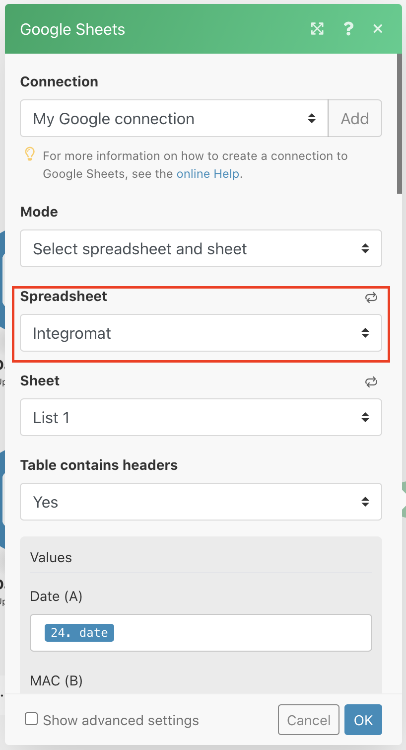 Google sheets block overview in integromat