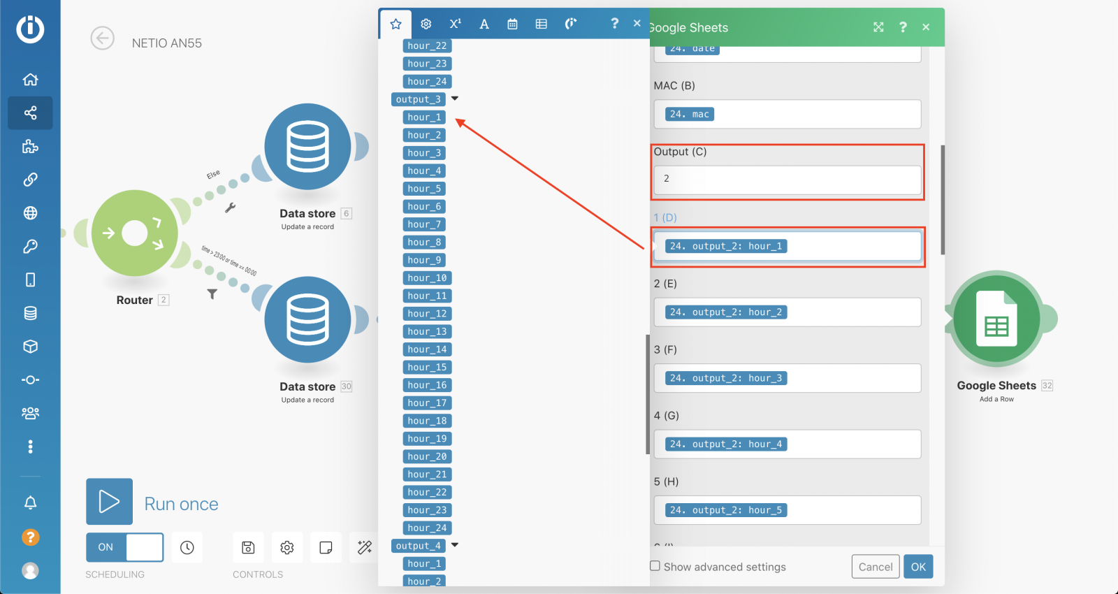 Setting NETIO smart power outlet output in google sheets block