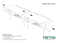 Metal brackets to install two NETIO 4C devices into a 1U space in a 19” rack frame.