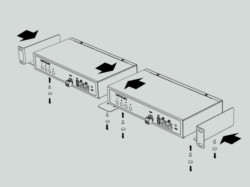 Metal brackets to install two NETIO 4C devices into a 1U space in a 19” rack frame