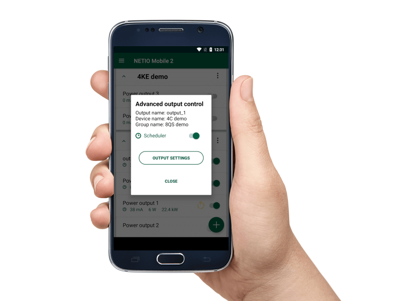 For each electrical output you can set a scheduler from the NETIO Mobile2 app