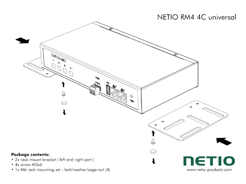 Universal metal brackets to fasten one NETIO 4C device e.g. to horizontal bars in a rack frame.